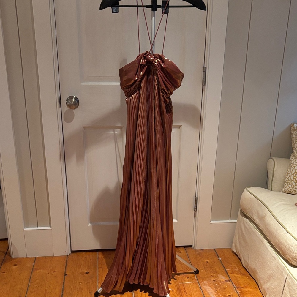 Anthropologie Elegant Brown Pleated Halter Dress Size L